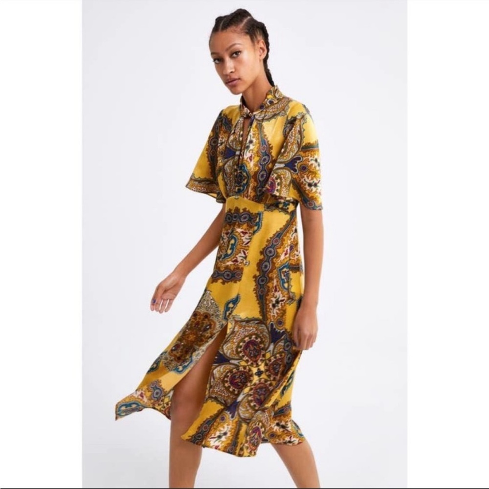 Zara Gold Mustard Yellow Midi Dress Size S
